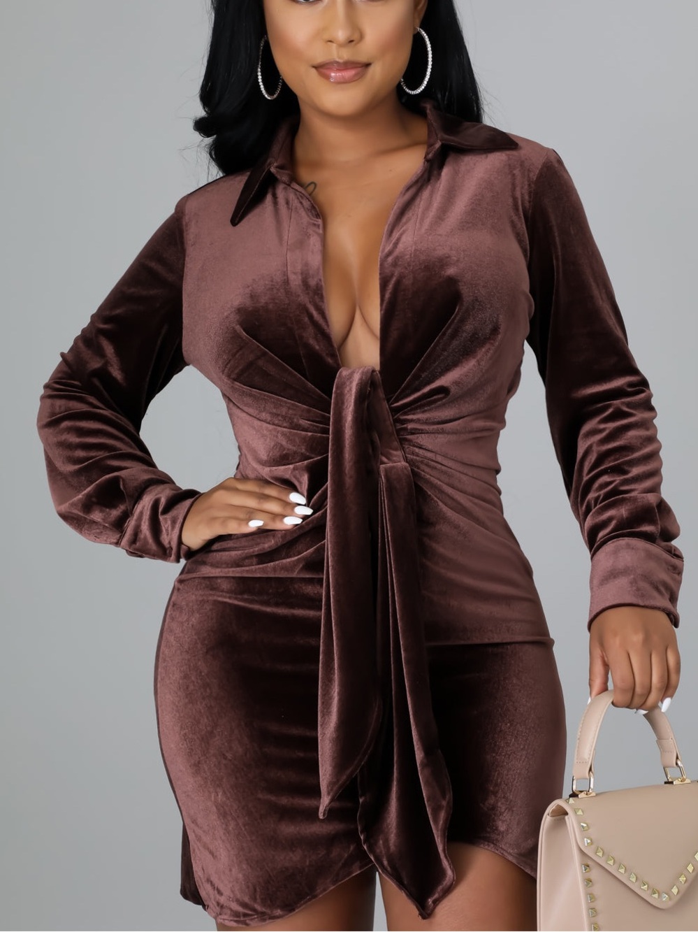 Elegant Brown Velvet Twist-Front Shirt Dress
